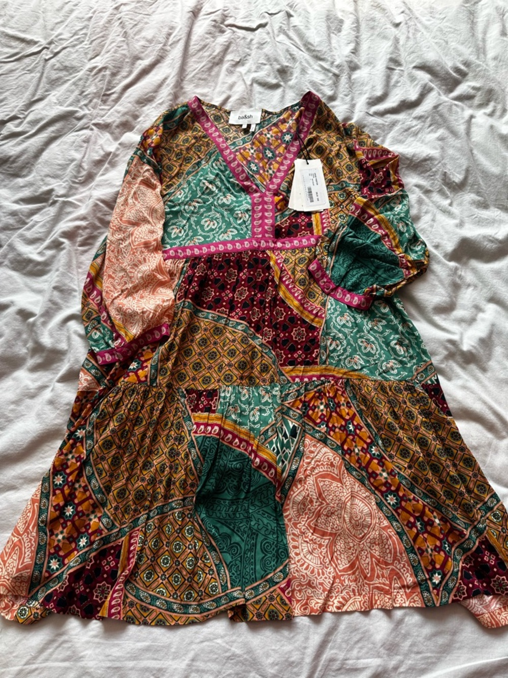 Ba&sh Fingston Patchwork Mini Dress Multicolor Boho Print L / US 8 - Picture 3 of 16
